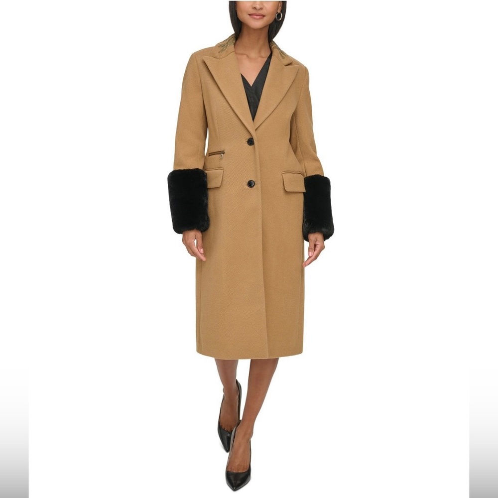 Karl Lagerfeld Women's Tan Coat with Black Accents
